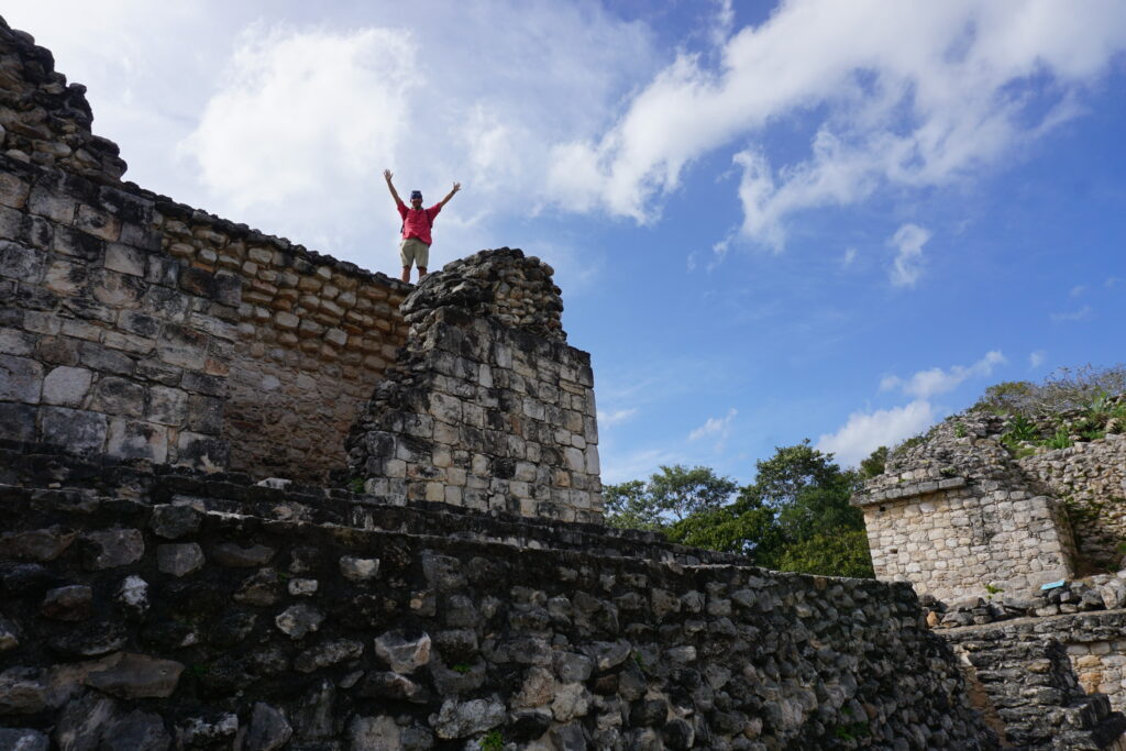 man on tower in ek balam yucatan peninsula mexico