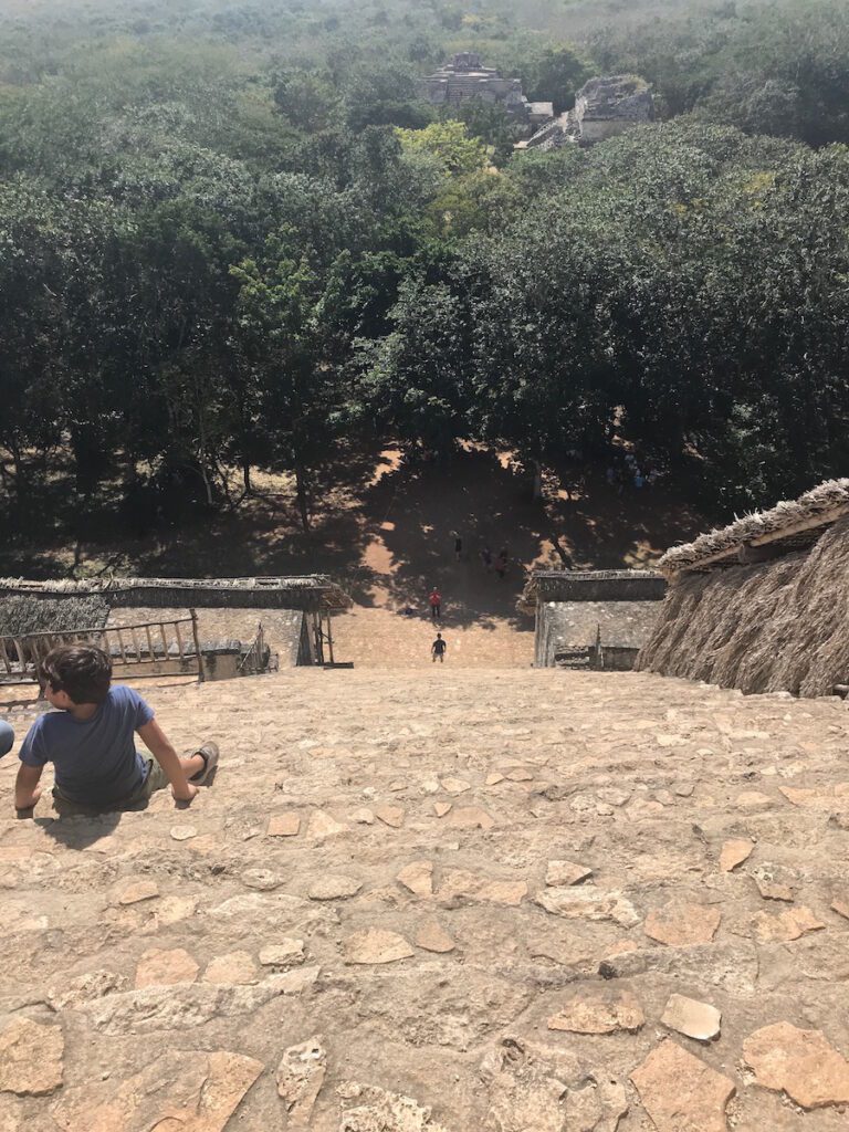 climb mayan ruin pyramid at ek balam mexico