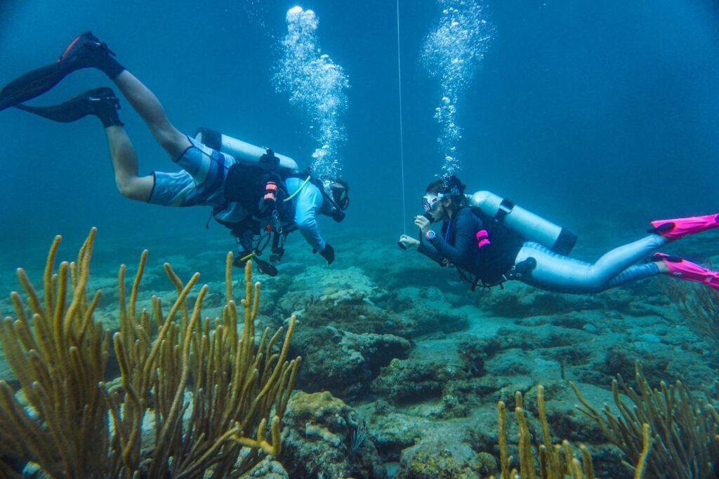 man and woman scuba diving during shore dive in lauderdale by the sea
