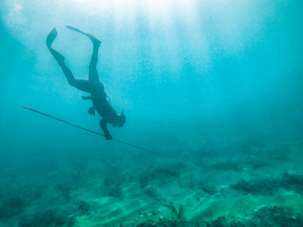 woman freediving with a spear to hunt