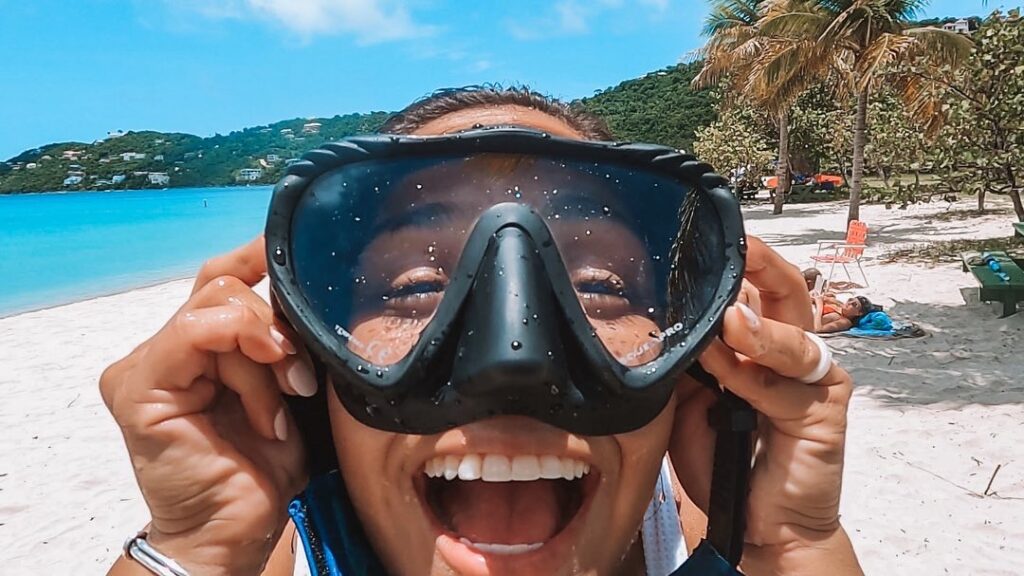 woman with dive mask on at magens bay usvi