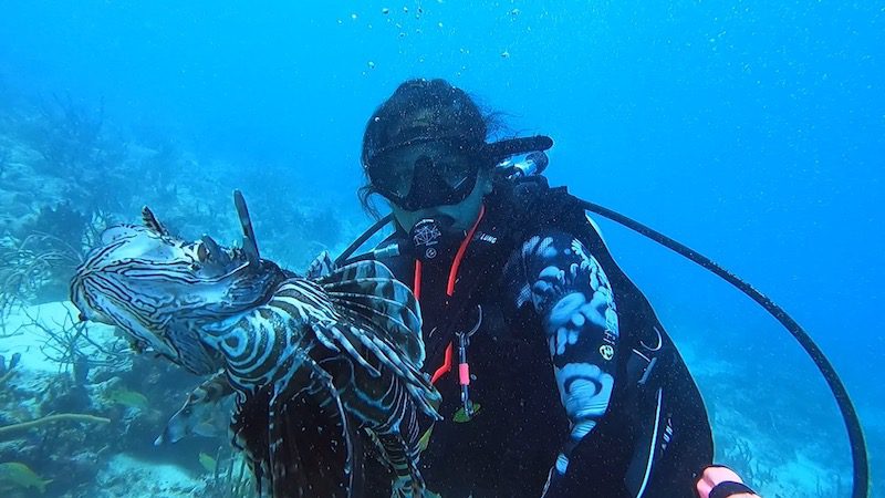 woman with lionfish on spear in st thomas virgin islands
